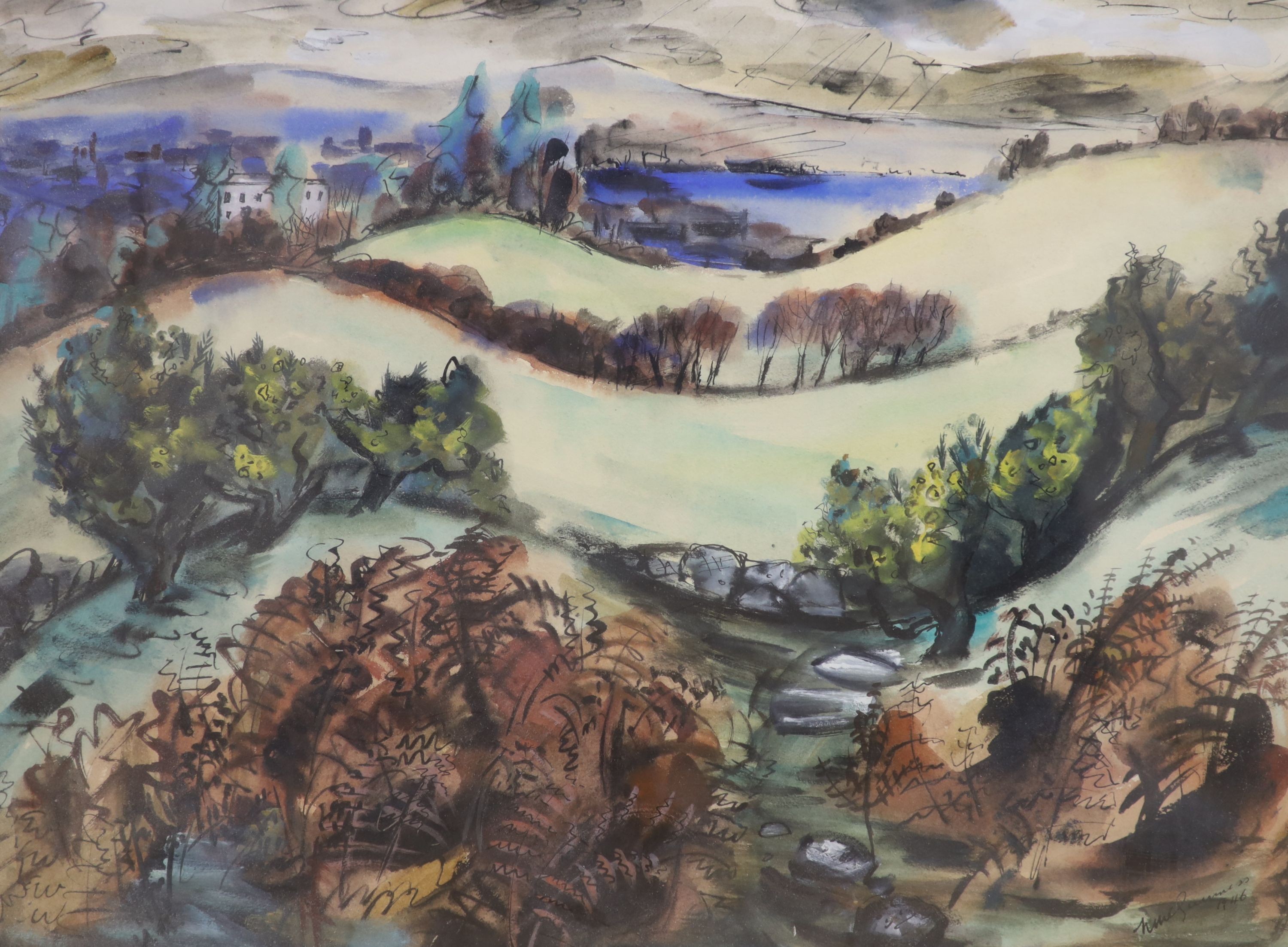 H. Guinness, ink and watercolour, Rolling landscape, signed and dated 1946, 41 x 54cm